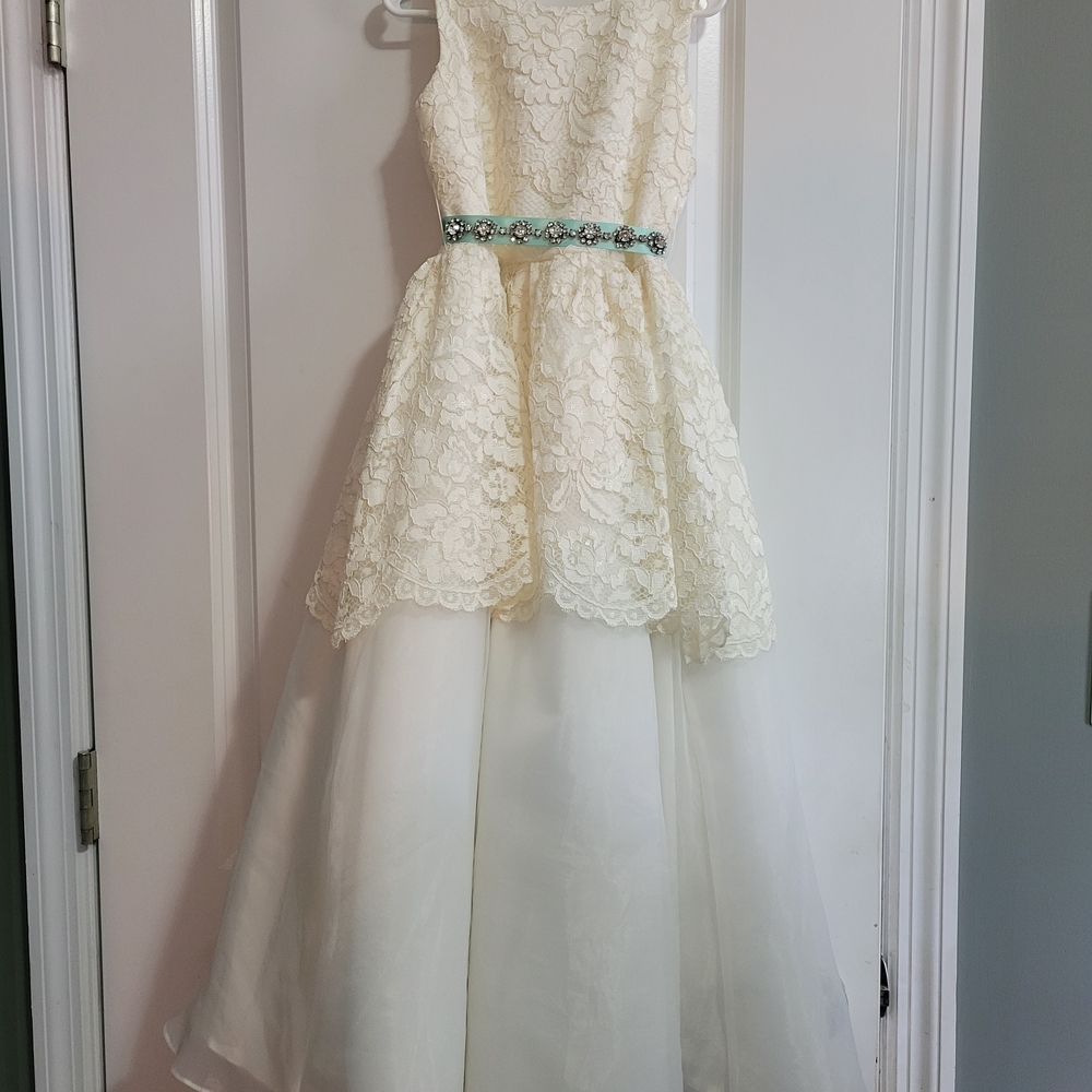 Rosebud Ivory Lace Kids Dress with Turquoise Belt